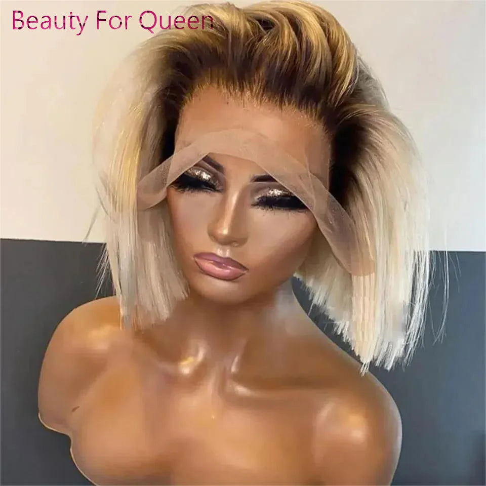 13x6 Lace Frontal Wig Ombre Blonde Short Bob Wig Lace Front Human Hair Wigs For Women Straight 180% Density Dark Roots Glueless