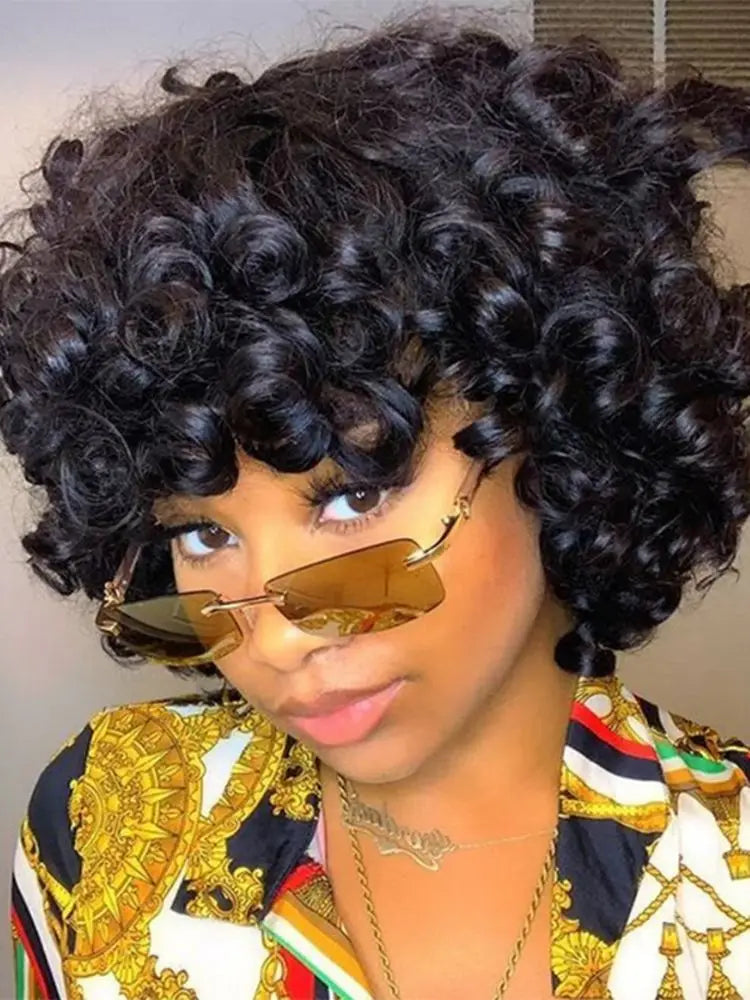 Afro Kinky Curly Hunan Hair Wigs with Bangs Full Machine Made Wig 250 Density Remy Brazilian Short Curly Bangs Wig Human Hair