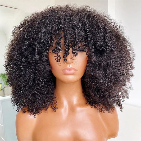 Afro Kinky Curly Human Hair Wigs with Bangs Full Machine Made Wig 250 Density Remy Brazilian Short Curly Bangs Wig Human Hair