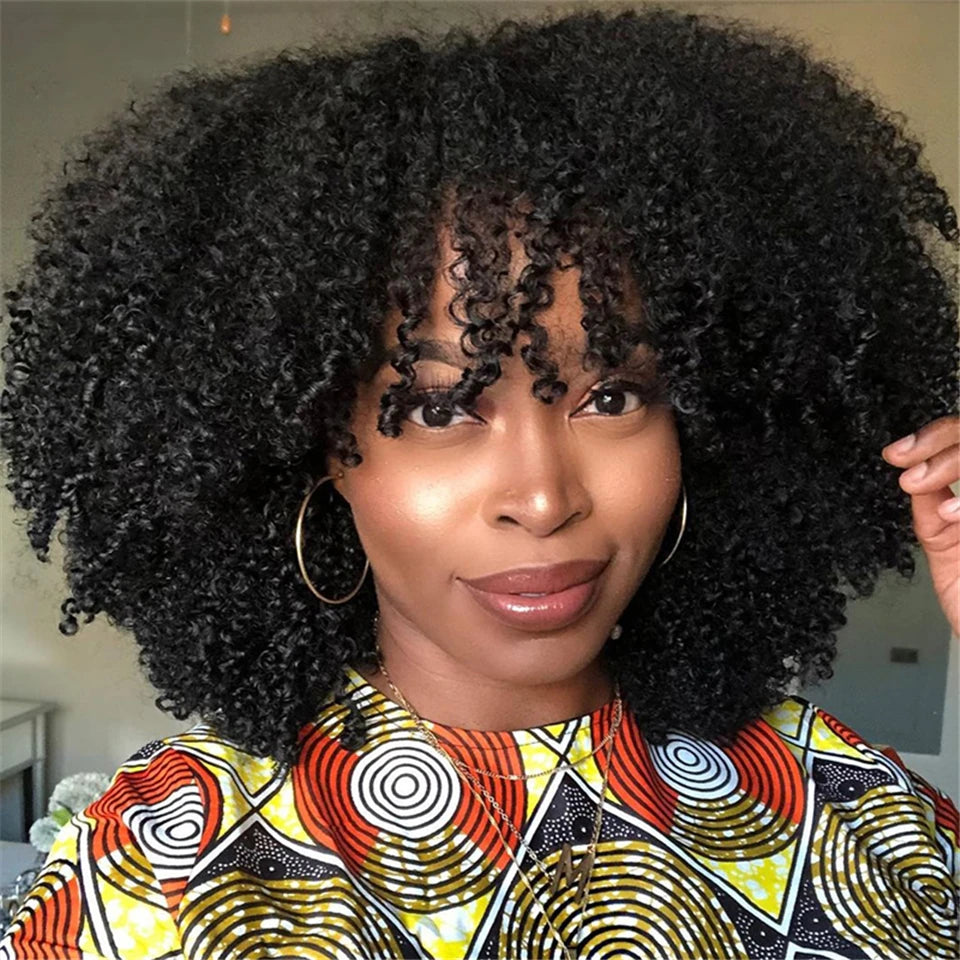 Afro Kinky Curly Hunan Hair Wigs with Bangs Full Machine Made Wig 250 Density Remy Brazilian Short Curly Bangs Wig Human Hair