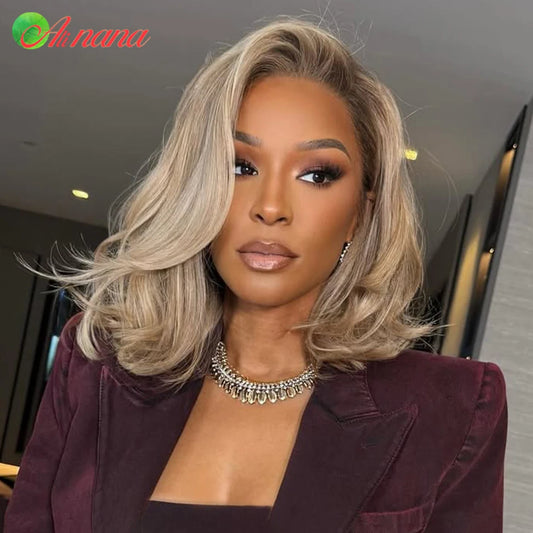 Ash Blonde Colored 13x4 Lace Frontal Wigs Ombre Short Bob Wig 180% Density Wavy Human Hair Wigs For Women Body Wave Hairstyle