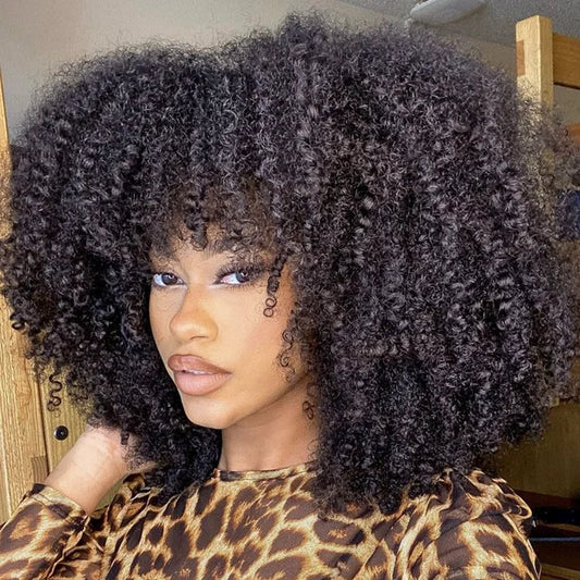 Afro Kinky Curly Human Hair Wigs with Bangs Full Machine Made Wig 250 Density Remy Brazilian Short Curly Bangs Wig Human Hair