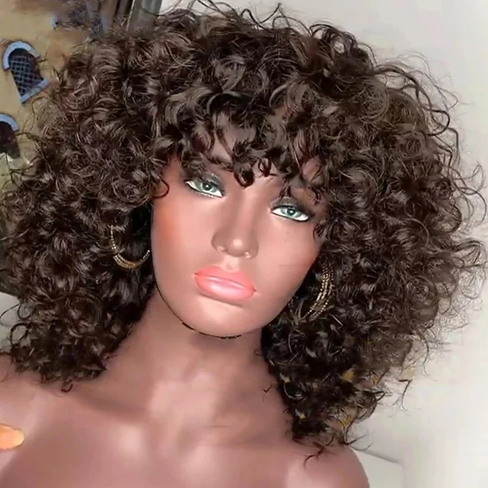 Afro Kinky Curly Hunan Hair Wigs with Bangs Full Machine Made Wig 250 Density Remy Brazilian Short Curly Bangs Wig Human Hair