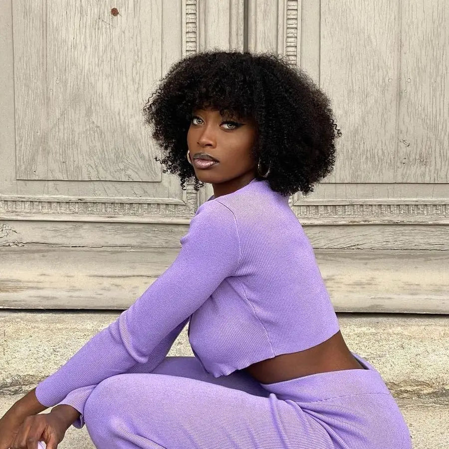 Afro Kinky Curly Hunan Hair Wigs with Bangs Full Machine Made Wig 250 Density Remy Brazilian Short Curly Bangs Wig Human Hair