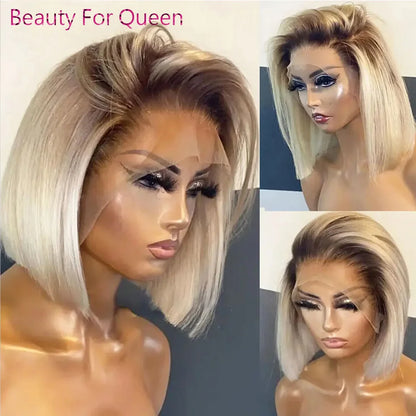 13x6 Lace Frontal Wig Ombre Blonde Short Bob Wig Lace Front Human Hair Wigs For Women Straight 180% Density Dark Roots Glueless