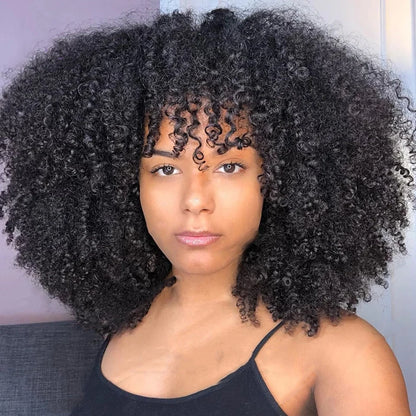 Afro Kinky Curly Hunan Hair Wigs with Bangs Full Machine Made Wig 250 Density Remy Brazilian Short Curly Bangs Wig Human Hair