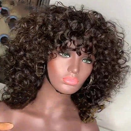 Afro Kinky Curly Hunan Hair Wigs with Bangs Full Machine Made Wig 250 Density Remy Brazilian Short Curly Bangs Wig Human Hair