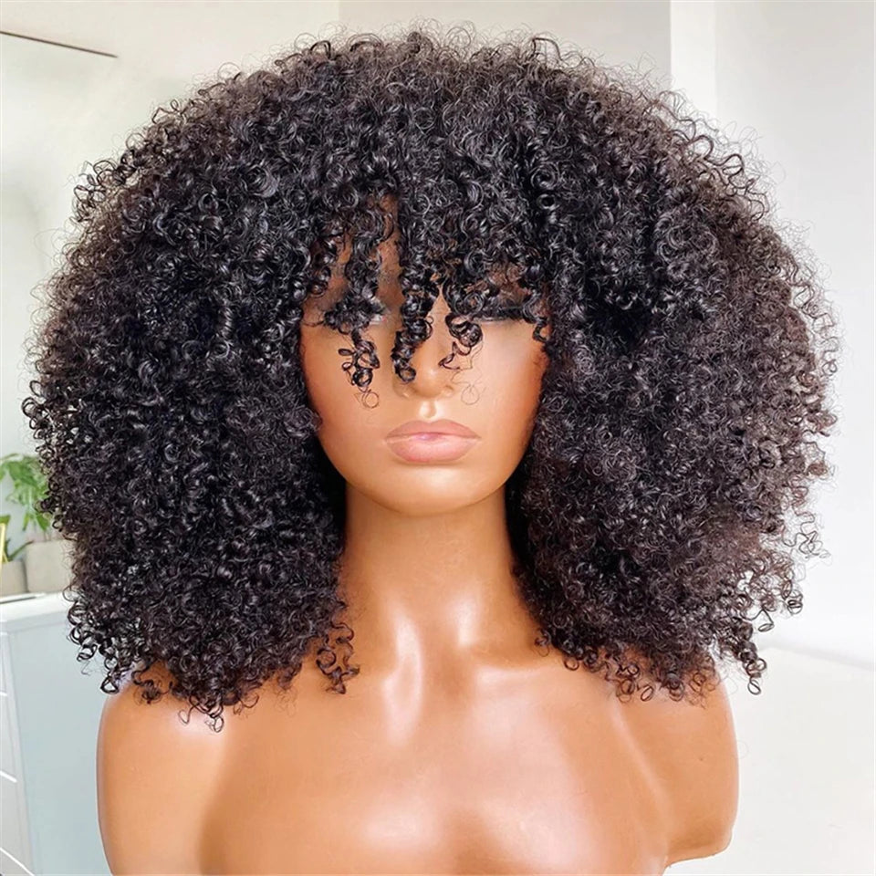 Afro Kinky Curly Hunan Hair Wigs with Bangs Full Machine Made Wig 250 Density Remy Brazilian Short Curly Bangs Wig Human Hair