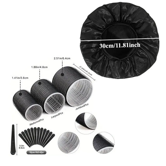 31Pcs Heatless Hair Curlers Set with 18 Self Grip Rollers 12 Clips Satin Nightcap for Overnight Natural Waves Styling Kit