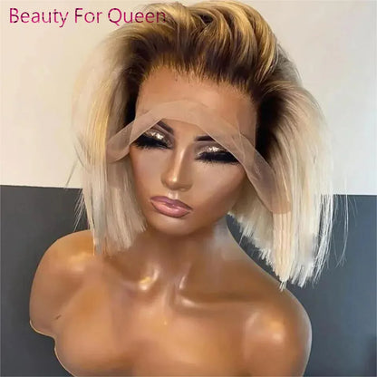 13x6 Lace Frontal Wig Ombre Blonde Short Bob Wig Lace Front Human Hair Wigs For Women Straight 180% Density Dark Roots Glueless
