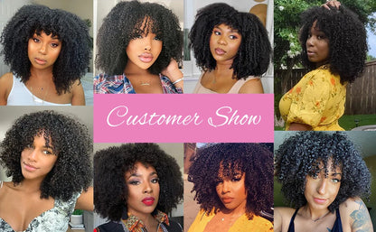 Afro Kinky Curly Hunan Hair Wigs with Bangs Full Machine Made Wig 250 Density Remy Brazilian Short Curly Bangs Wig Human Hair