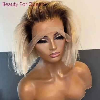 13x6 Lace Frontal Wig Ombre Blonde Short Bob Wig Lace Front Human Hair Wigs For Women Straight 180% Density Dark Roots Glueless