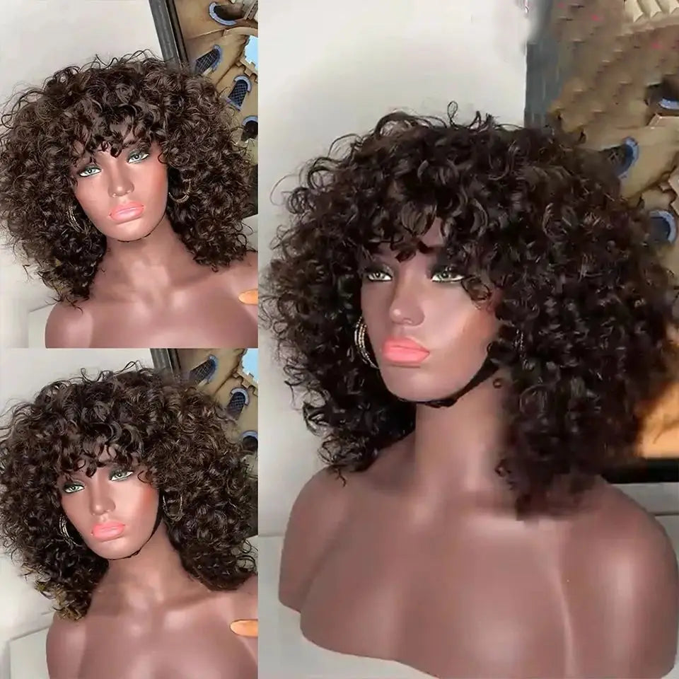 Afro Kinky Curly Hunan Hair Wigs with Bangs Full Machine Made Wig 250 Density Remy Brazilian Short Curly Bangs Wig Human Hair